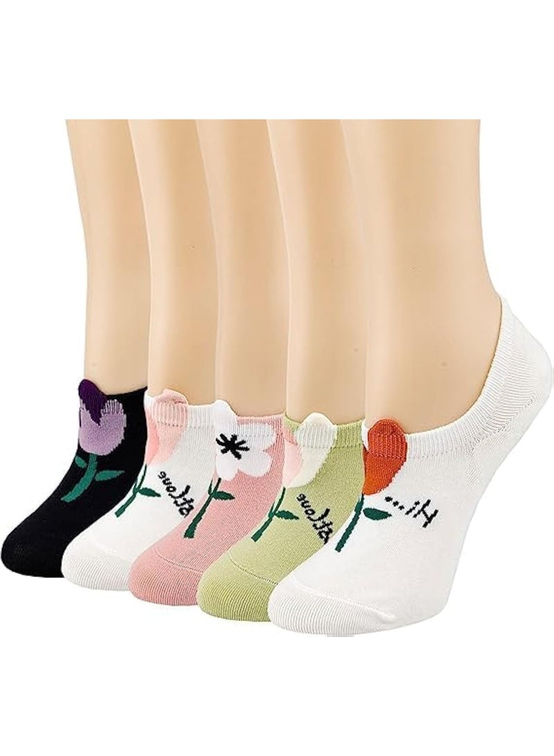 ChicAbode Womens No Show Cotton Socks Fashion Cute Flower Novelty Funny Casual Soft Socks Non Slip Low Cut Socks for Women Girls Sneakers, Canvas Shoes 5 Pairs - Image 1